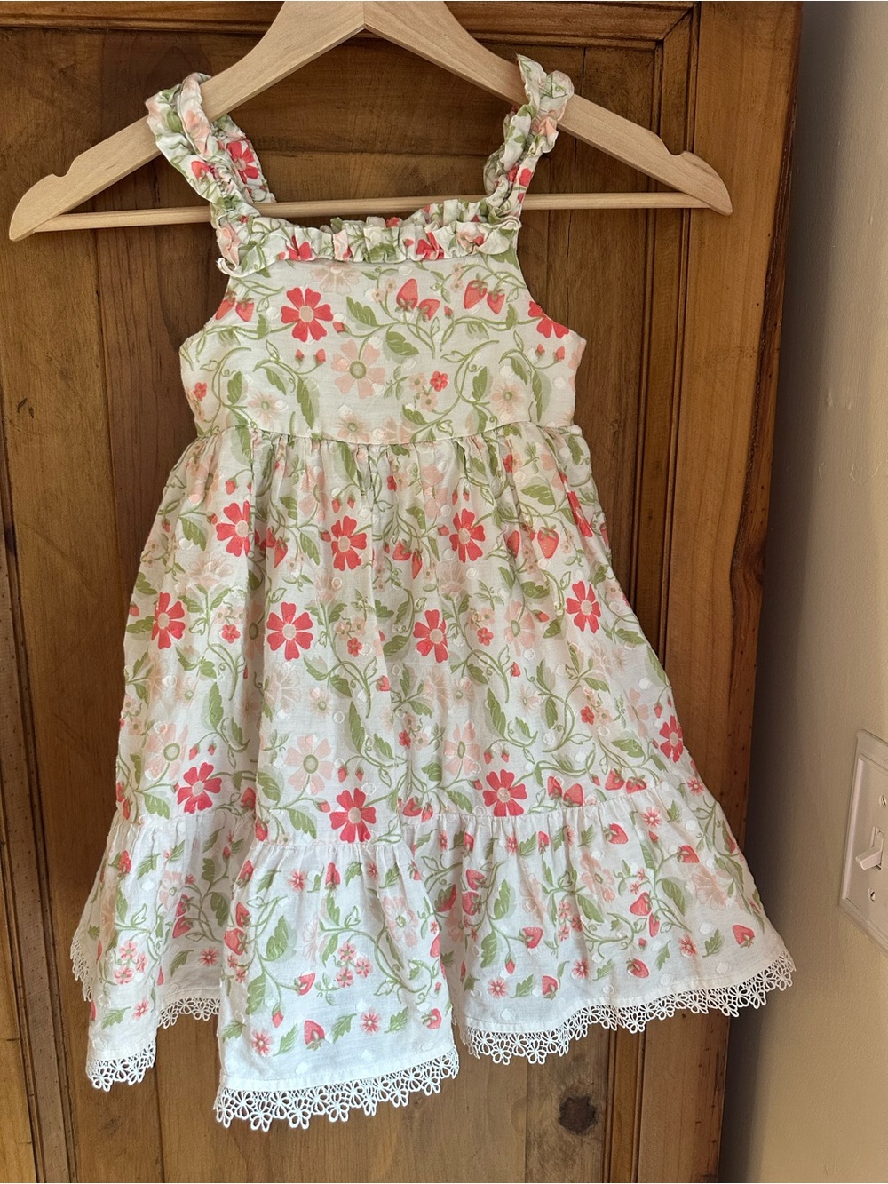 Girls Floral Pink Green Ruffle-Strap Dress 3T